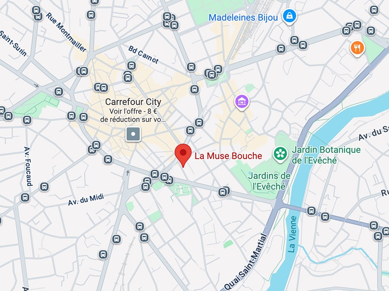 La Muse Bouche : Carte et Itinéraire près de Carrefour City Carte de localisation du restaurant La Muse Bouche, près de Carrefour City, Jardins de l'Évêché et la Vienne.